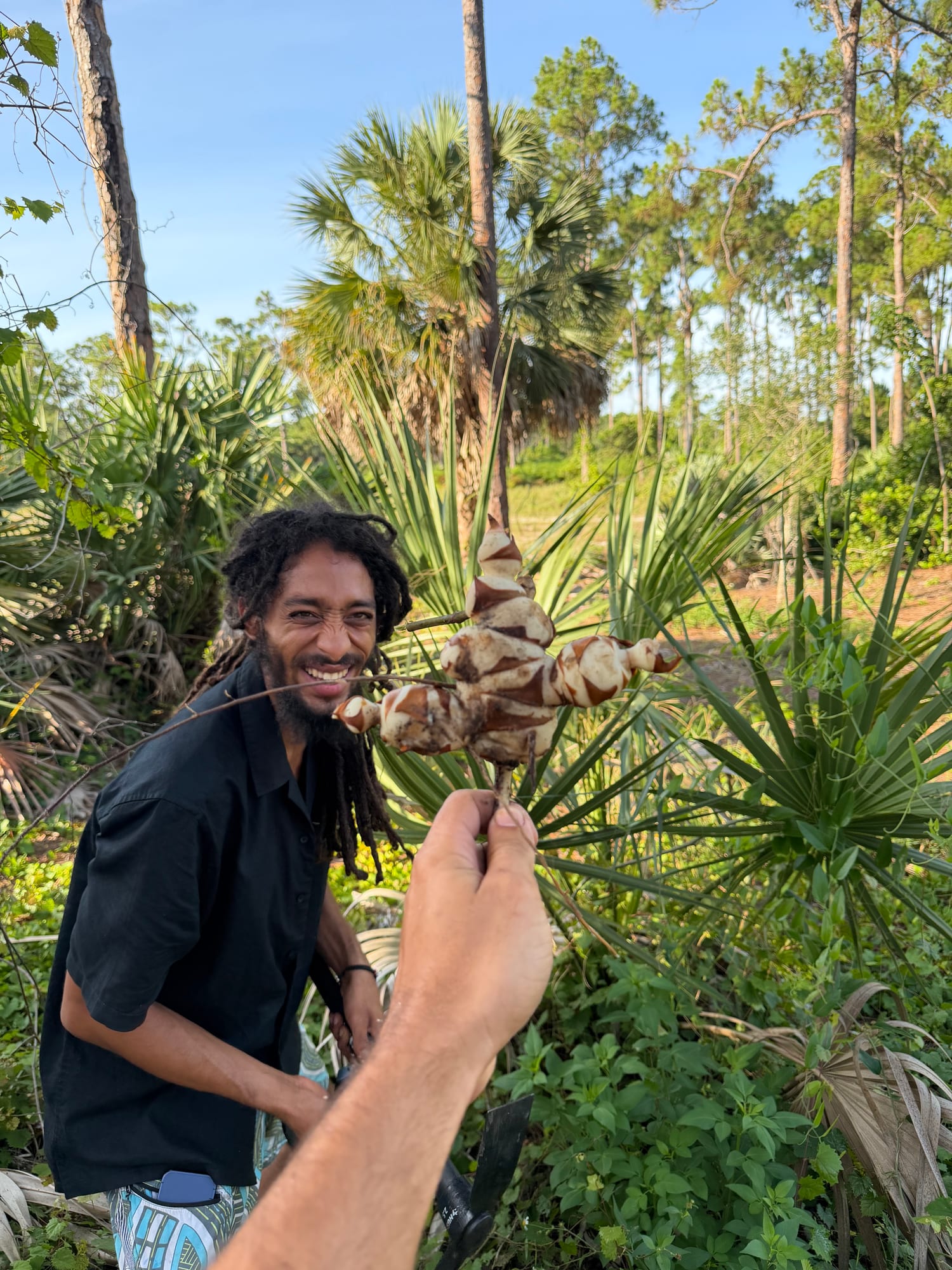 Israel Del Rosario, founder of Chaney Root, smiling in the Florida forest while wild-harvesting Chaney Root